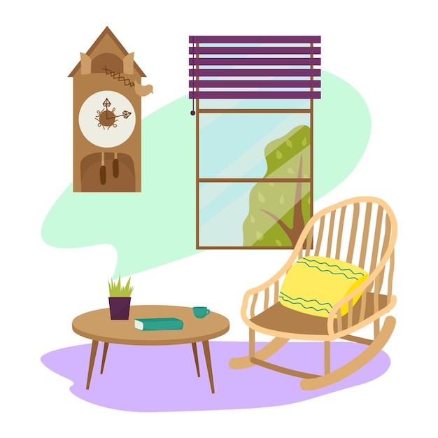 Interior acogedor con mecedora, mesa de café, vista a la ventana y reloj, relajación en el hogar, vida tranquila