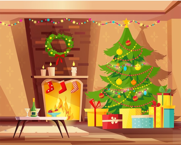 Interior acogedor salón con chimenea decorado para las vacaciones de Navidad.