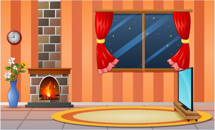 Vector interior acogedor salón con chimenea