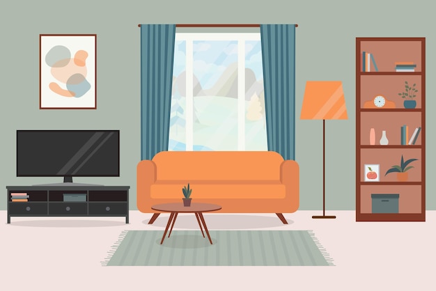 Interior de la acogedora sala de estar con una gran ventana, sofá TV y pintura de carteles