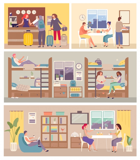 Interior del albergue para turistas. Las personas se instalan en hostelería, viven, duermen, comen dibujadas a mano.