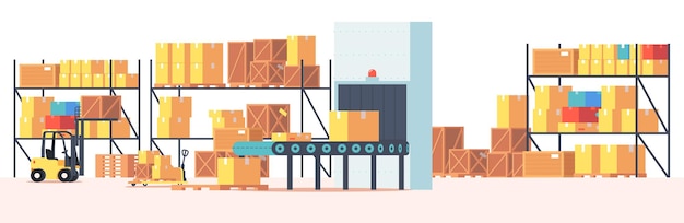 Interior del Almacén con Cajas de Cartón en Racks, Cinta Transportadora y Máquina Montacargas. Almacén robótico con mercancías, carga y paquetería. Cargador Automatizado en Trastero. Ilustración vectorial de dibujos animados