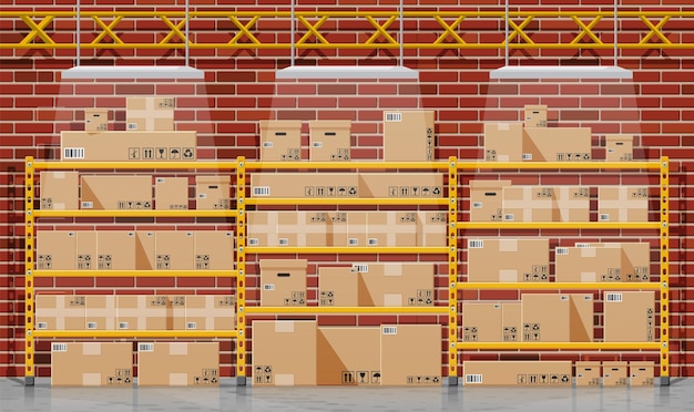 Interior de almacén con cajas de paquetes de mercancías y contenedores Conjunto de cajas de cartón de pila Embalaje de entrega de cartón Caja abierta y cerrada con signos frágiles Ilustración vectorial en estilo plano