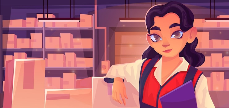 Vector interior del almacén de dibujos animados con una empleada sosteniendo portapapeles estante con cajas de cartón estantes con mercancías varios paquetes almacenamiento lleno de gente entrega logística ilustración vectorial