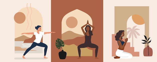 Interior con arco y mujer en vector de pose de yoga. tema de meditación y relajación.