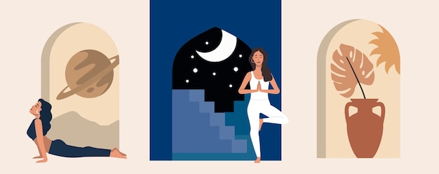 Interior con arco y mujer en vector de pose de yoga. Tema de meditación y relajación.