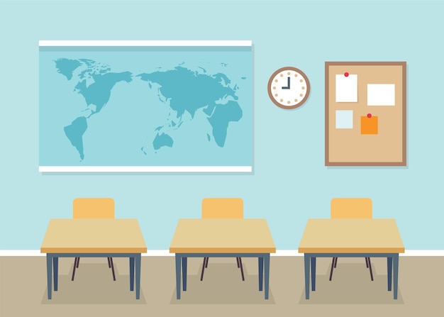 Interior del aula escolar con pupitres, mapa detrás, concepto de regreso a la escuela. Ilustración de vector de estilo plano