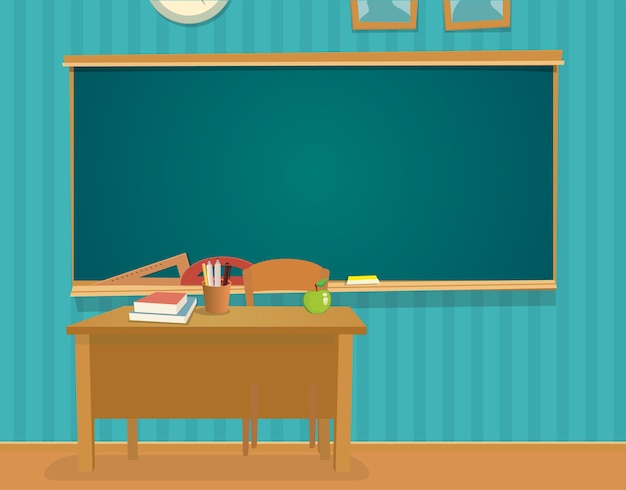 Interior del aula con escritorio y pizarra Ilustración de color plano vectorial aislada