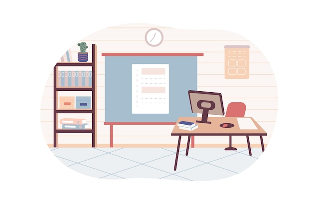 Interior del aula de la escuela con fondo de educación de pizarra Ilustración de vector plano coloreado