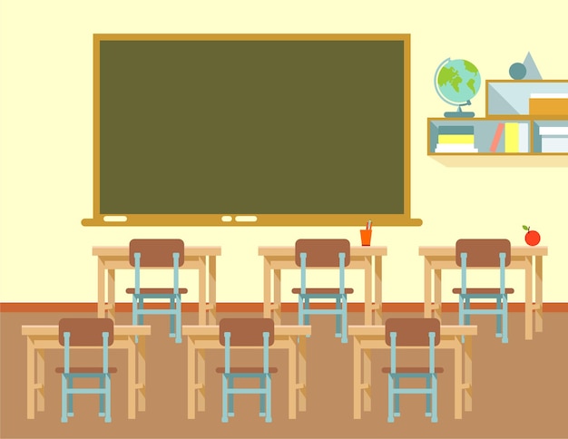 Interior de aula vacía con pupitres escolares y pizarra en la escuela en estilo plano