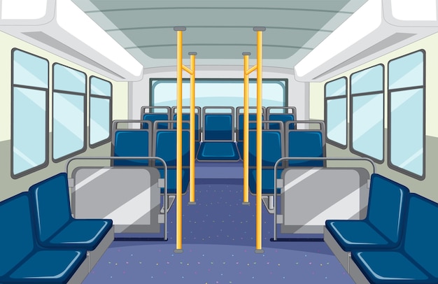 Interior del autobús con asientos azules vacíos