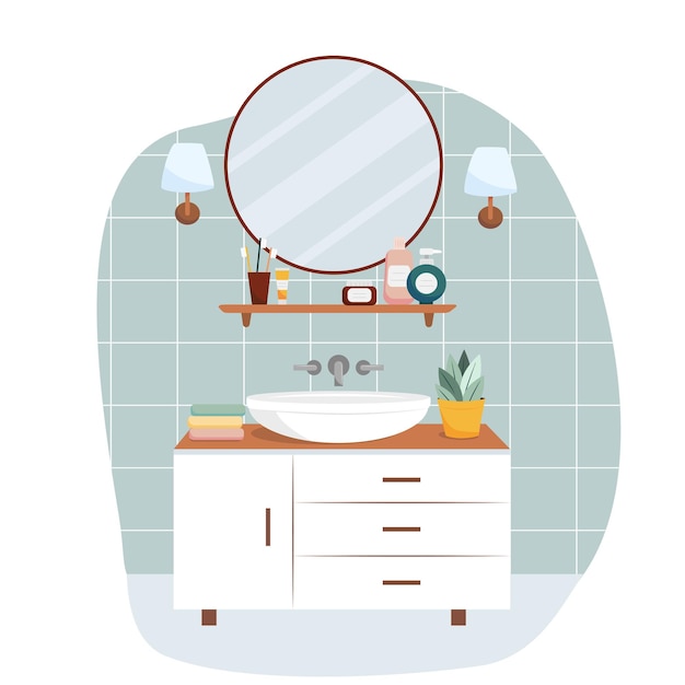 Vector interior de baño de dibujos animados espejo de mesa de fregadero moderno y toallas de baño ilustración de vector de estilo plano