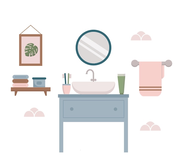 Interior del baño con espejo, lavabo, toallero y foto Estante con toallas y cosméticos Acogedor interior de baño