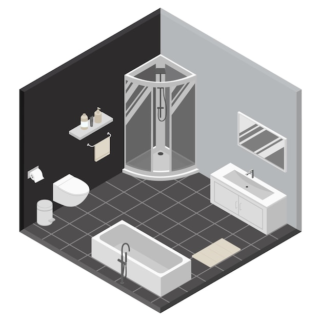 Vector interior de baño isométrico con bañera y lavabo grande