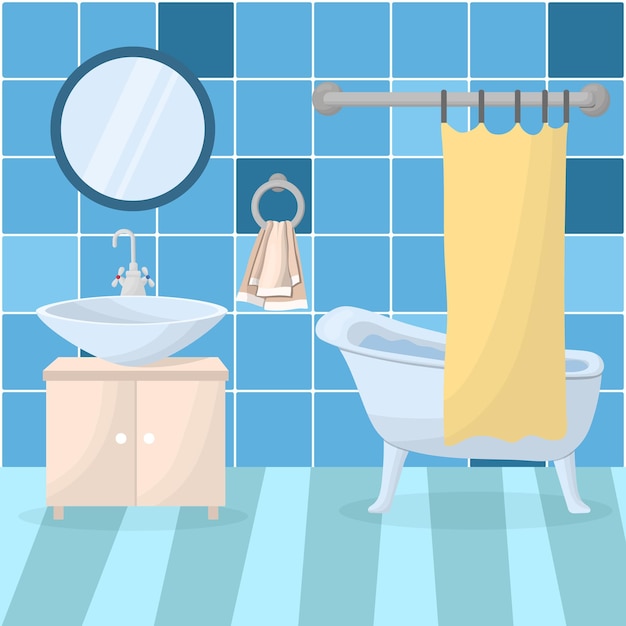Interior del baño con muebles Artículos interiores del hogar espejo lavabo bañera toalla ilustración vectorial en un estilo plano