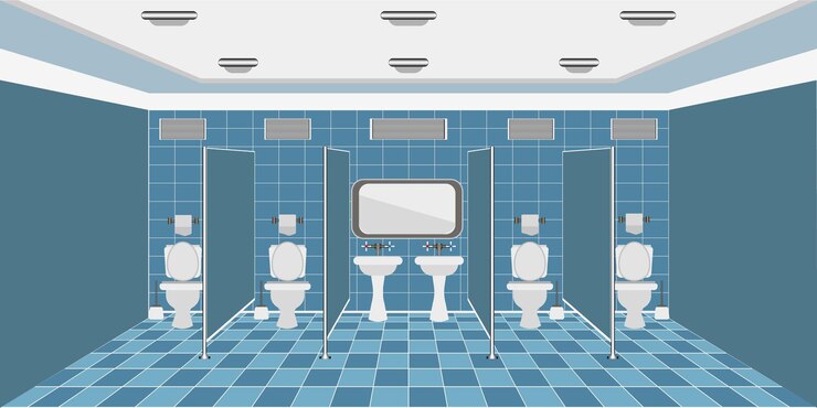 Vector interior de baño público con lavabos.