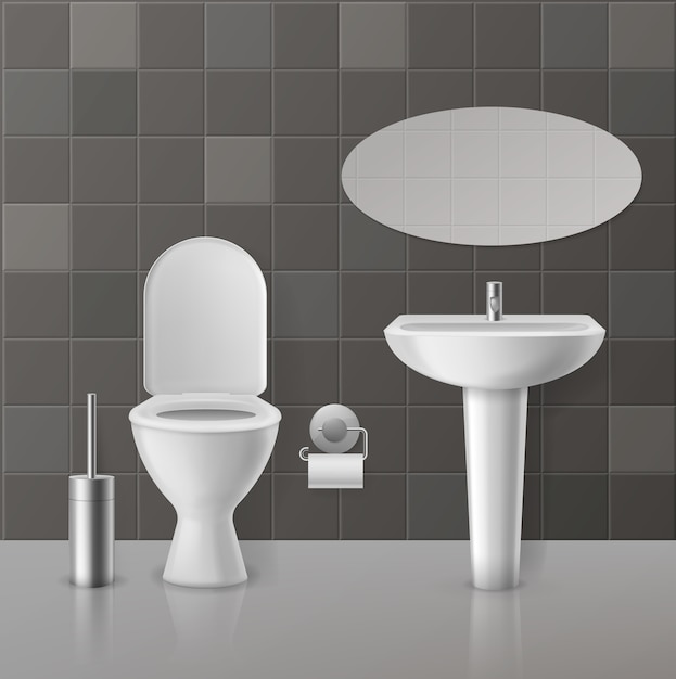 Vector interior de baño realista. inodoros blancos, objetos sanitarios de cerámica, lavabo con grifo. asiento de wc y espejo hogar concepto contemporáneo