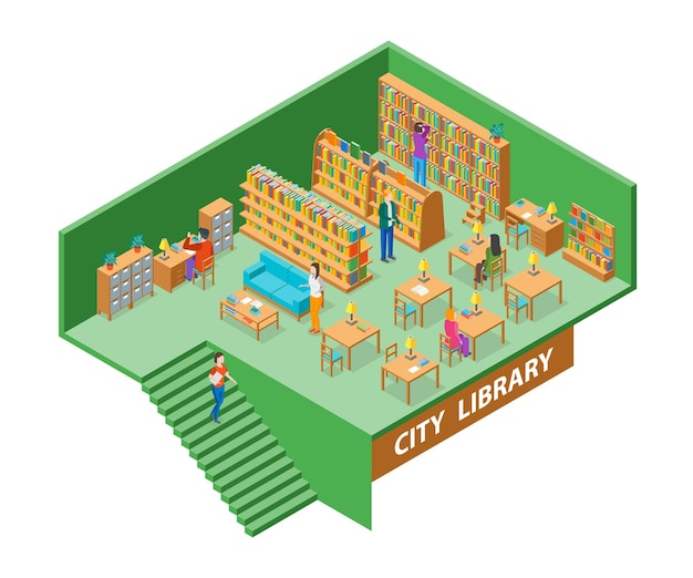 Interior de la biblioteca de la ciudad con vector de vista isométrica de muebles