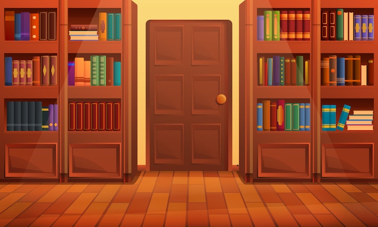 Vector interior de la biblioteca de dibujos animados, ilustración vectorial
