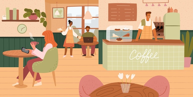 Interior del café con visitantes hombres y mujeres comiendo