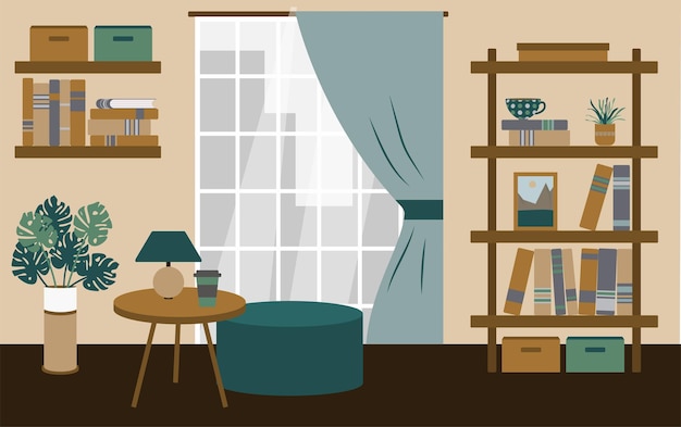 Interior de casa marrón con mesa de estanterías y puf brillante Lugar para leer o estudiar librería