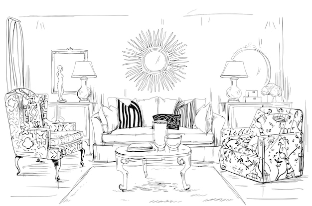 Interior de la casa con sofá y mesa de café - ilustración vectorial