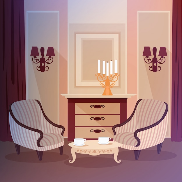 Interior casero clásico de la sala de estar con un candelabro y muebles de época