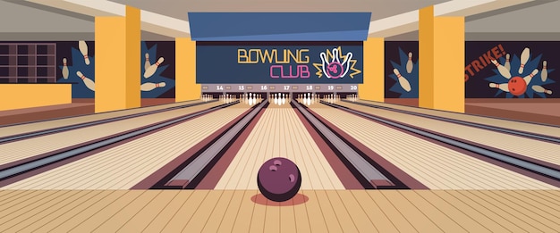 Interior del centro de bolos de dibujos animados callejones de madera con bola de skittles para competición de juego en grupo club vacío deportes y ocio entretenimiento bandera horizontal concepto vectorial ordenado