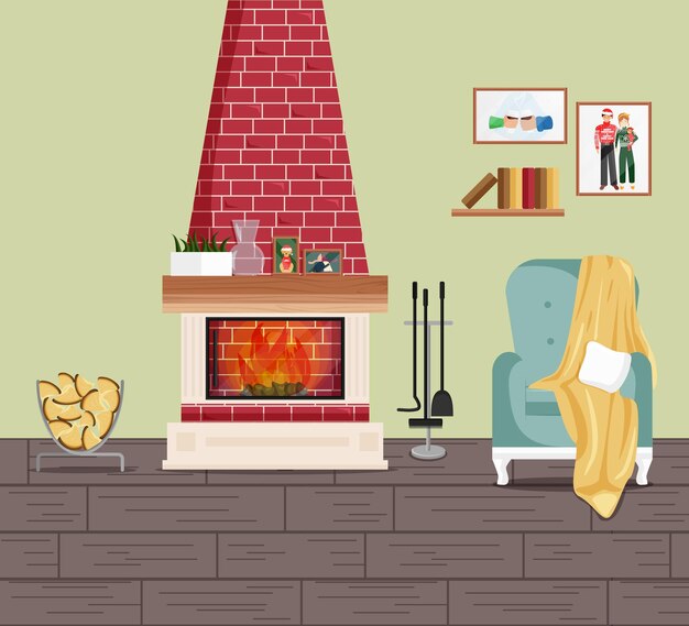 Vector interior con chimenea y sillón, sala de estar de diseño clásico tradicional americano con muebles