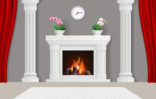 Interior con chimeneas Lugar de hogar moderno con chimeneas decorativas plantilla de fondo realista de vector decente