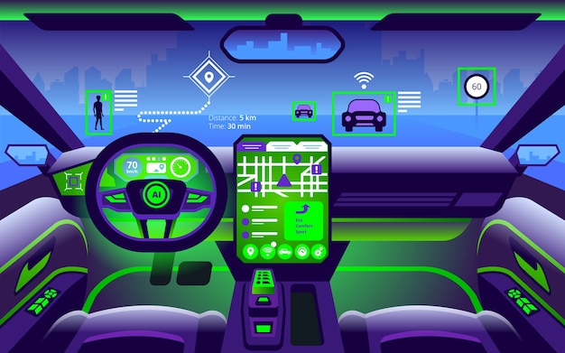 Interior de coche inteligente autónomo. Auto conducción en el paisaje de la ciudad. La pantalla muestra información sobre el vehículo en movimiento, GPS, tiempo de viaje, aplicación de asistencia de distancia de escaneo.