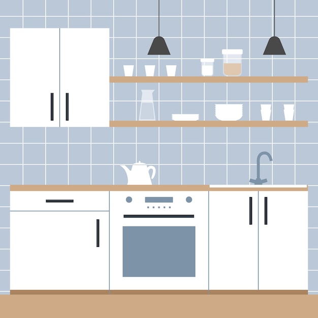 Vector el interior de la cocina blanca minimalista estilo escandinavo ilustración plana