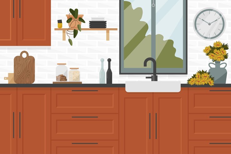 Vector interior de cocina de color retro con fregadero de cocina, platos de armario, ilustración vectorial, estilo plano