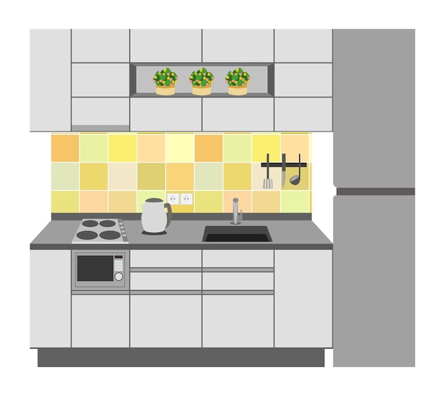 Vector interior de cocina en colores gris y amarillo. mueble. habitación. estufa, nevera. ilustración vectorial