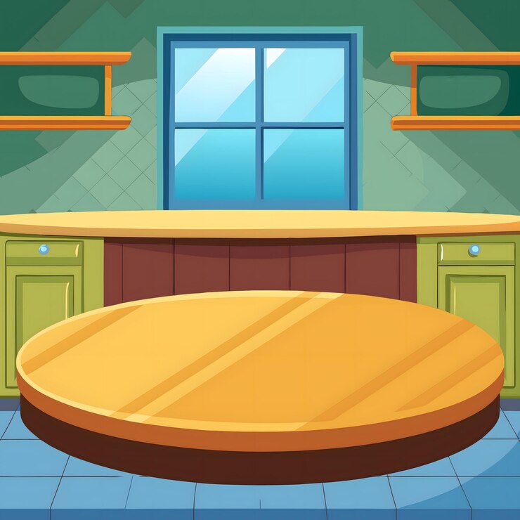 Vector el interior de la cocina de dibujos animados, la mesa, el mostrador, los armarios, la ventana.
