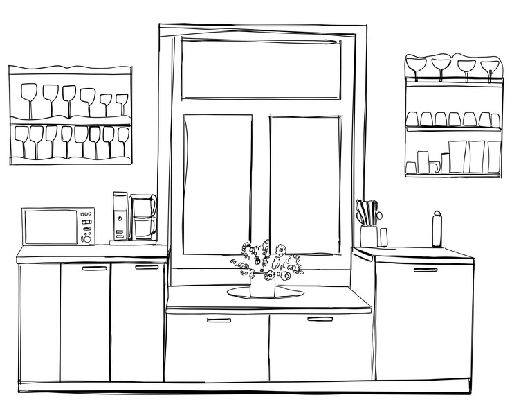 Interior de cocina Encimera de cocina con campana extractora de cocina y placa en estilo de línea