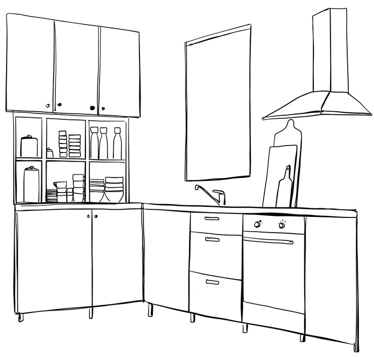 Interior de cocina Encimera de cocina con campana extractora de cocina y placa en estilo de línea