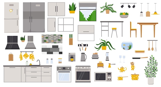 Interior de cocina con ilustración de vector de estilo plano de muebles
