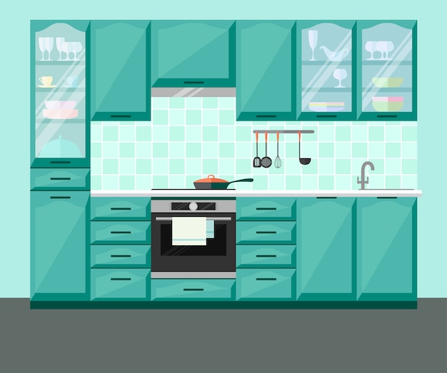 Vector interior de cocina con mobiliario y equipamiento.