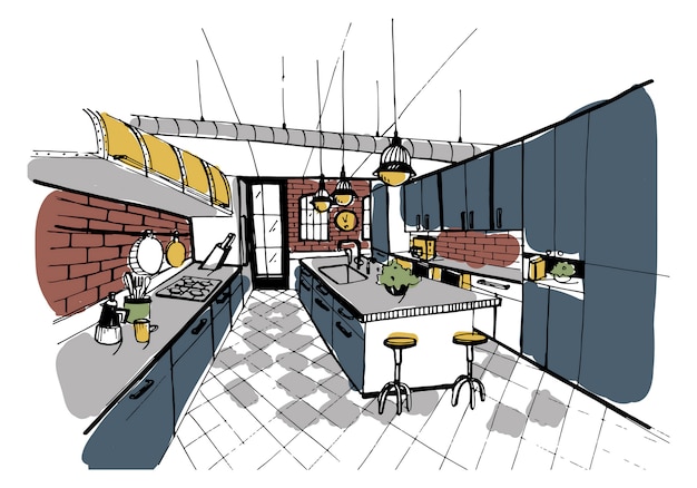 Vector interior de cocina moderna en estilo loft. dibujado a mano ilustración colorida.