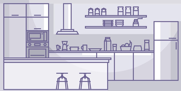 Interior de la cocina moderna Hogar en el interior muebles de electrodomésticos de cocina Ilustración vectorial lineal.
