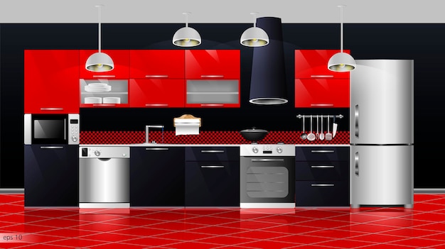 Interior de cocina moderna. Ilustración vectorial. Gabinetes de electrodomésticos de cocina para el hogar, estantes, estufa de gas, campana extractora, refrigerador, microondas, lavavajillas, utensilios de cocina