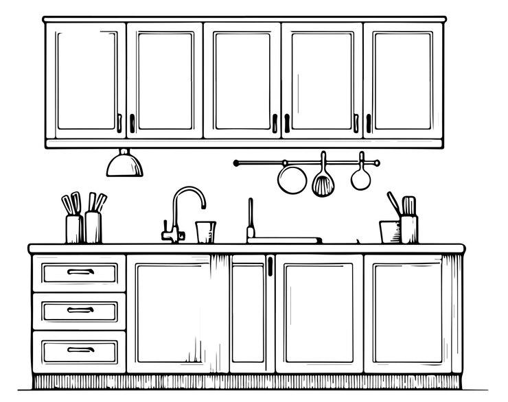 Interior de cocina moderno en estilo lineal Muebles de cocina y utensilios Equipamiento de herramientas
