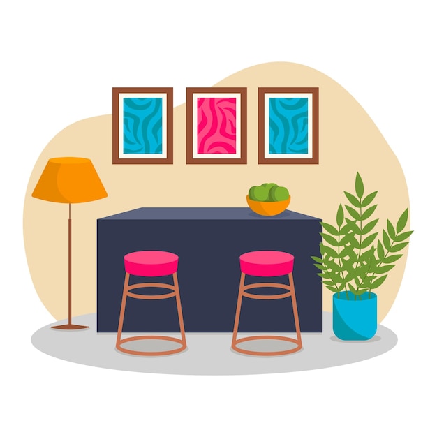 Interior de la cocina. Vector, sin fondo. Barra de bar, taburetes de bar, planta, cuadros, lámpara, fruta.