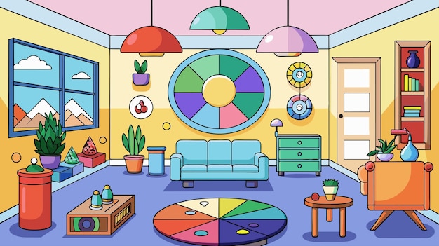 Vector interior colorido de la sala de estar con decoración moderna y toque artístico