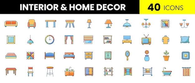 Interior Design amp Home Decor Color Icons Stylish Flat Vector Icons of Furniture Decoration