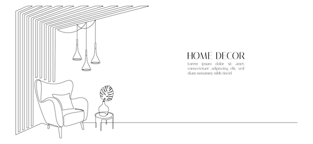 Interior de diseño moderno con sillón y paredes de pizarra de madera en un dibujo de línea continua decoración escandinava Hygge y silla de muebles suaves en estilo lineal simple ilustración vectorial de Doodle
