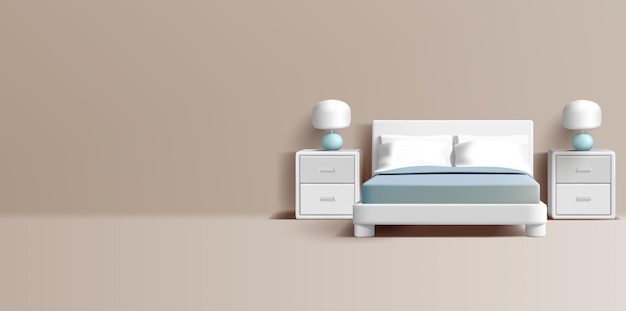 Interior del dormitorio 3D Cama blanca y armarios Armarios para la publicidad de hoteles de confort en el hogar