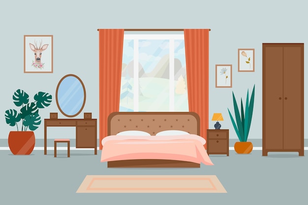 Vector interior de dormitorio acogedor. ilustración en un estilo plano.