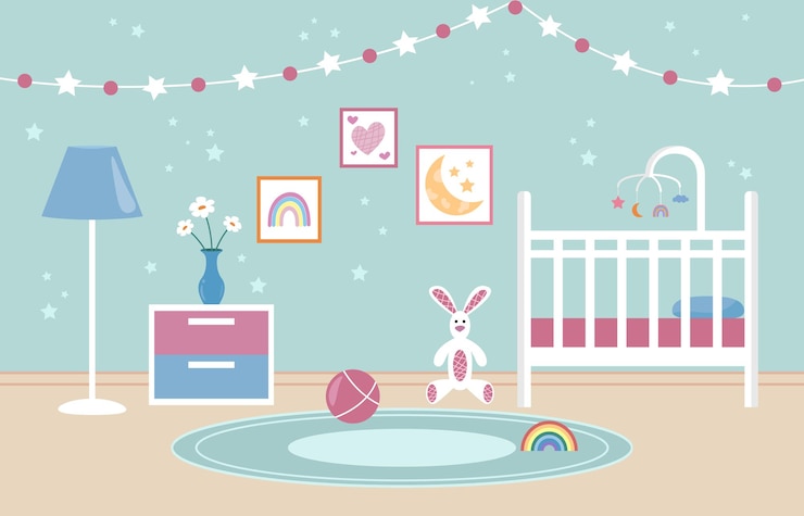 Vector interior de dormitorio de bebé. enfermería. cuna blanca vacía con carrusel para niño. decoraciones en pared y juguetes en suelo. vector ilustración plana.